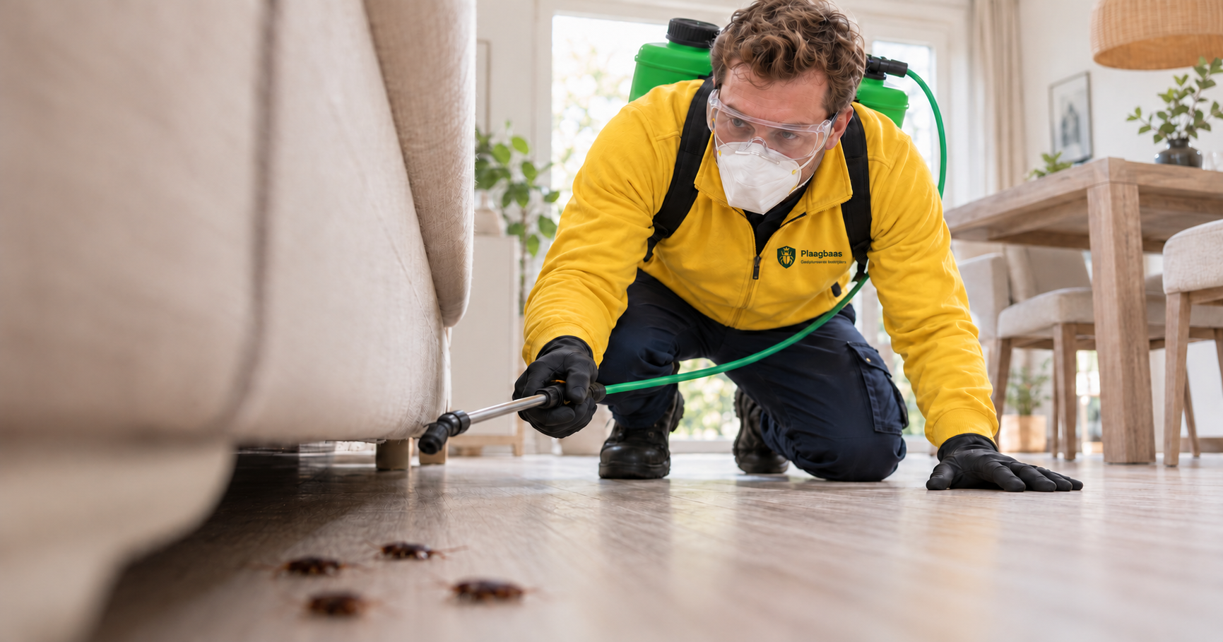 Gediplomeerde bestrijder van Plaagbaas behandelt kakkerlakken in een woonkamer
